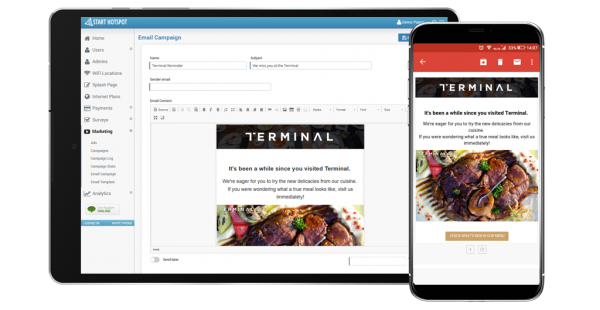 To make your emails exceptional and memorable, Wigglewifi includes a powerful built-in email builder and editor.
